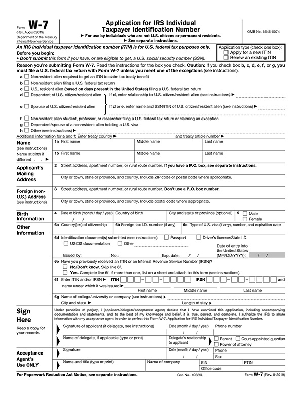 IRS Formular W 7 Antrag auf eine IRS individuelle Steueridentifikationsnummer