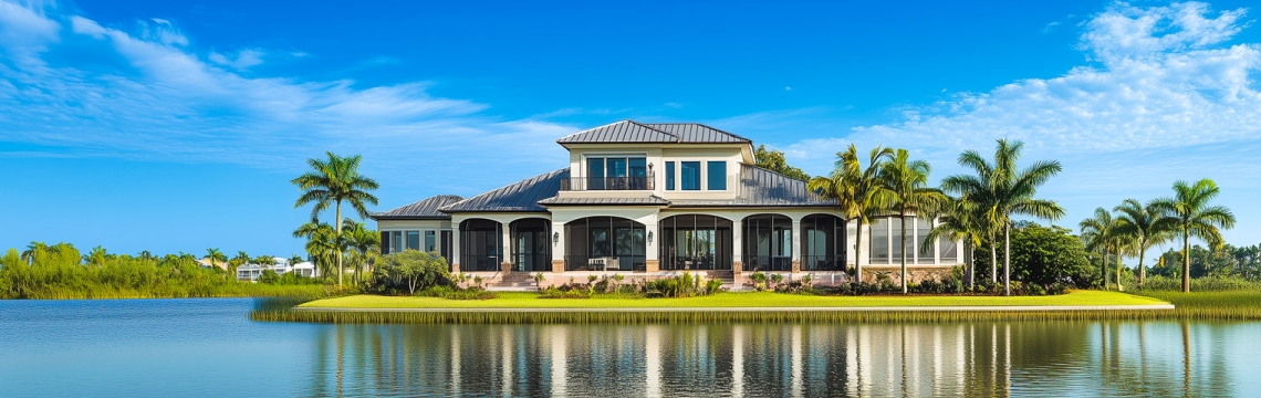 Waterfront home in Southwest Florida with a modern design under a clear blue sky.