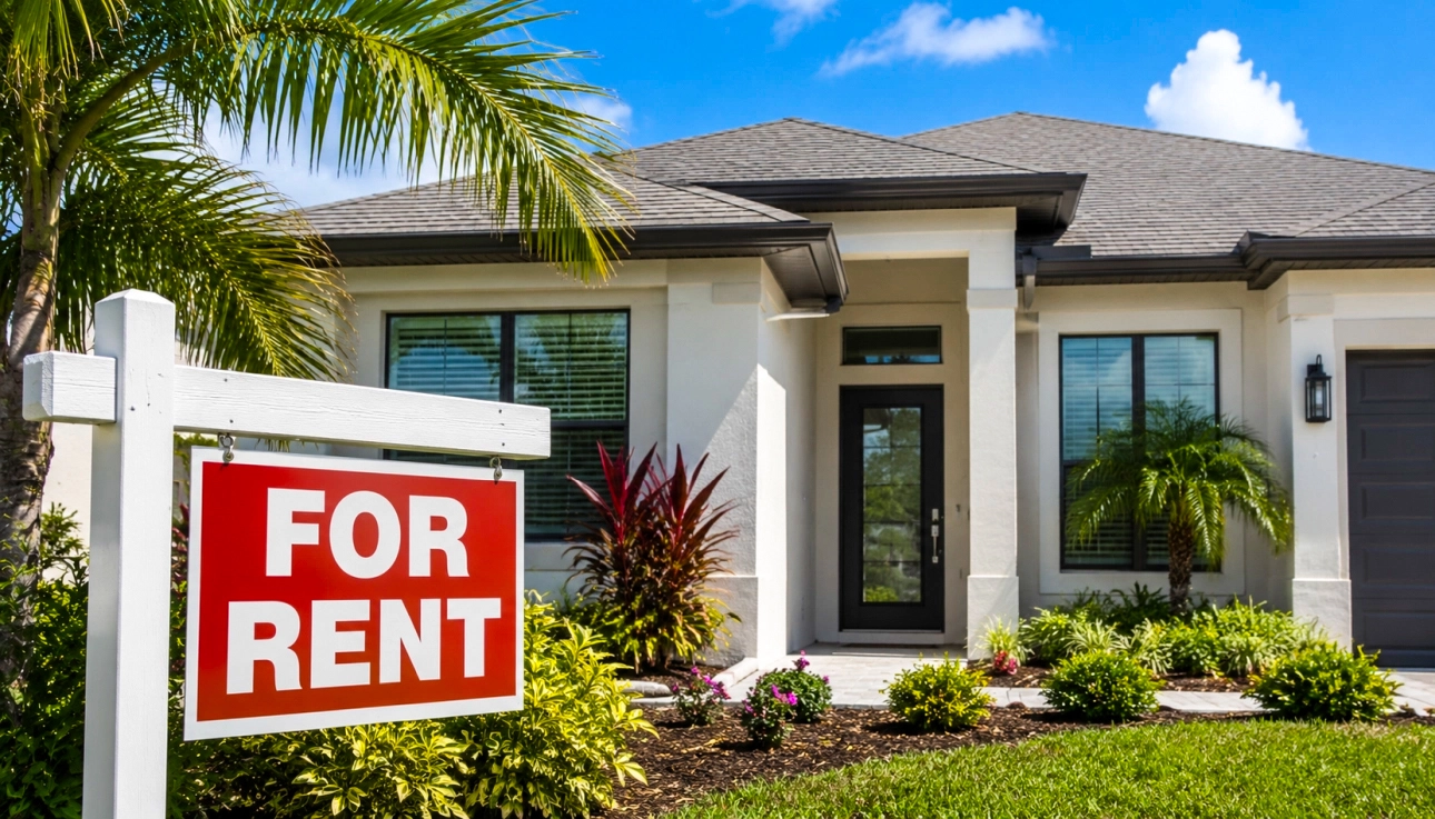 Modern Southwest Florida rental home with a for rent sign in the front yard