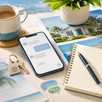 Kommunikation bei einer Immobilientransaktion mit Smartphone, Immobilienunterlagen, Notizbuch und Hausschlüsseln