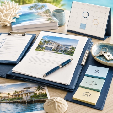Planung einer Immobilientransaktion mit Unterlagen, Kalender, Schlüsseln und Checkliste für den Immobilienabschluss