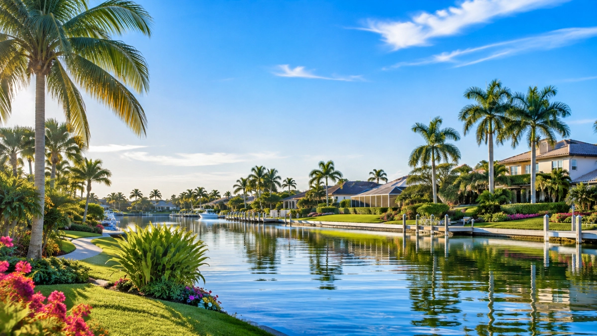 Wohngebiet am Wasser in Südwestflorida mit Palmen und Einfamilienhäusern