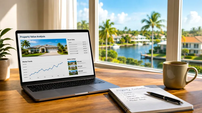 Laptop mit Daten zur Immobilienbewertung und aktuellen Markttrends in einem hellen Arbeitsbereich in Südwestflorida
